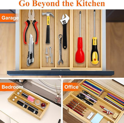 Large Bamboo Silverware Drawer Organizer Tray Kitchen Tool Drawer Divider