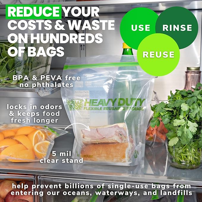 HEAVY DUTY Reusable STAND-UP Bags for Food Storage by Smelly Proof, USA Made, NO PEVA & BPA FREE, Reusable Freezer Bags, Dishwasher-Safe, Triple Zip, CLEAR 5-mils LRG Quart 8.75" x 9.5" - 5pk