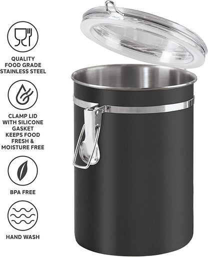 Oggi Stainless Steel Kitchen Canister 47 fl oz, Black - Airtight Clamp Lid, Clear See-Thru Top - Ideal for Kitchen Storage, Food Storage, Pantry Storage. Large Size 5" x 6".