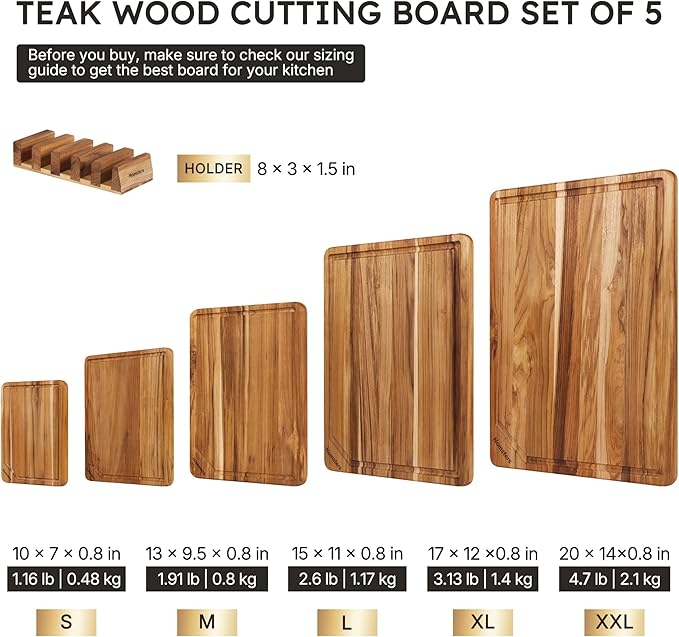 5 Pack Teak Wood Cutting Board Set
