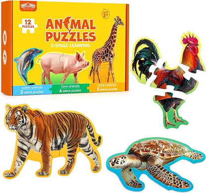 BenBen Puzzles for Toddlers 2-4,12 Animal Puzzles, 3 Levels Step-by-Step Color-Coded Jigsaw Puzzles, 48 Pieces Total, Educational Montessori Toys for Preschool Girls Boys