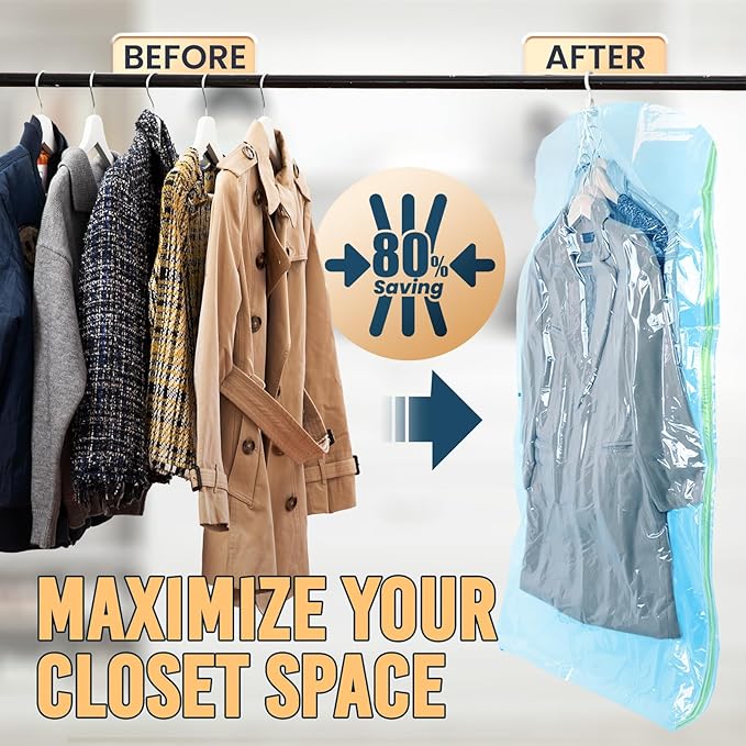 TAILI Hanging Vacuum Storage Sealer Space Saver Bags for Clothes, Suits, Coats or Jackets, Closet Organizer, 4 Pack Jumbo Blue