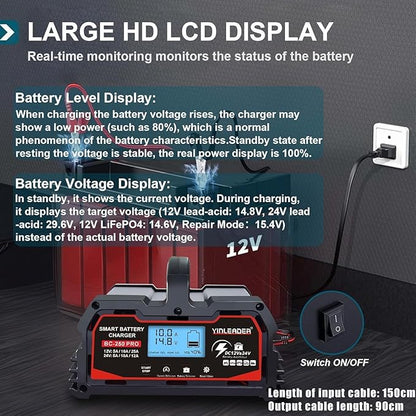 Battery Charger 25A, 12V/24V Lead Acid Smart Battery Charger, 12V LiFePO4 Car