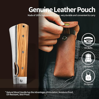 Folding Chef Knife with Leather Pouch 4.8” Sharp 440A Stainless Steel Blade Olive Handle Pocket Foldable Japanese Style Kitchen Knife for Outdoor Camping BBQ trip Cooking.