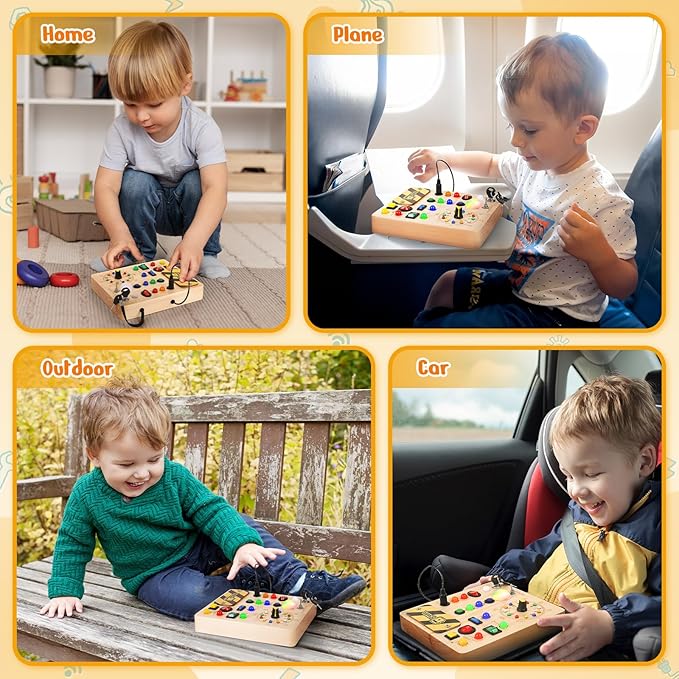 Busy Board with Led Light, Montessori Toys for 1-3 Years Old Boys Girls Wooden Toddler Toys Birthday Gift Educational Toys for 1+ Year Old, Toddler Travel Toy Sensory Toys for Kids with Autism