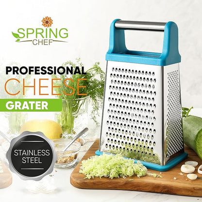 Spring Chef Handheld Stainless Steel XL Parmesan Cheese Grater with Handle - 4 Sided Metal Box Grater for Kitchen - Dishwasher Safe Potato Shredder for Hash Browns, Potato, Carrot, Vegetables - Teal