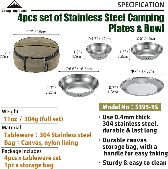 CAMPINGMOON Camping Mess Kit 4 Pack Tableware with Plates Bowls Dishes Stainless Steel Dishwasher Safe Kitchenware S395-1S