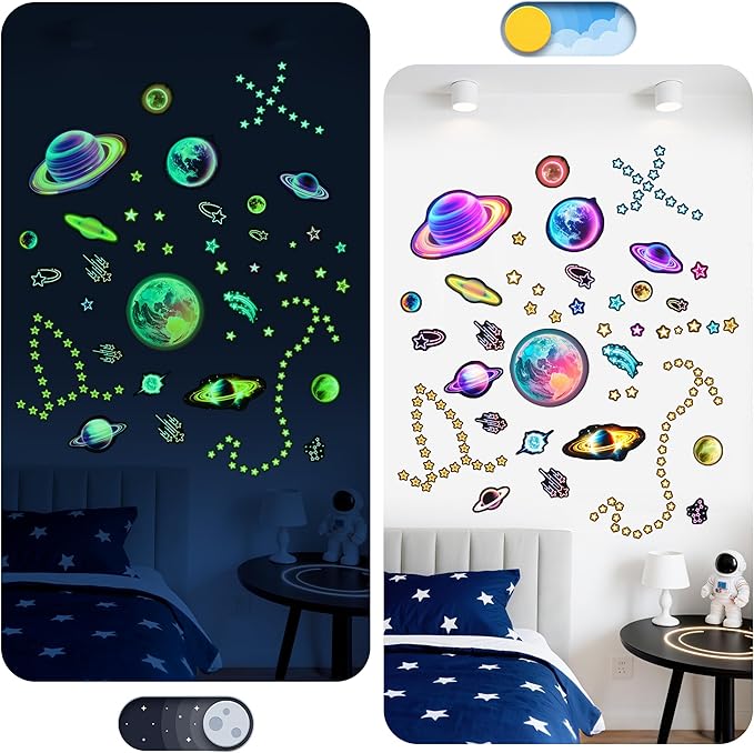 Glow in The Dark Neon Stars and Planets Wall Decals, Fantasy Colorful Space Stars Wall Stickers, Kids Room Space Decor, Ceiling Windows Nursery Living Room Playroom Bedroom Decorations