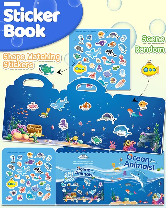 Benresive Reusable Sticker Book for Toddlers 2-4 Years, Fun Travel Stickers for Kids, Waterproof Sticker Books for Toddlers 1-3, Crafts Activities for Todddlers 1-3 2-4 3-5 - Ocean Animals