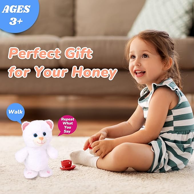 Hopearl Talking Kitty Singing Cat Repeats What You Say Walking Electric Interactive Animated Toy Speaking Plush Buddy Gifts for Toddlers, White, 8''