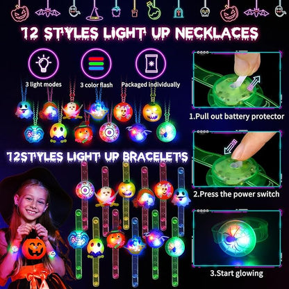 118 PCS Halloween Party Favors Bulk, 80 Rings, 14 Brooches, 12 Necklaces, 12 Bracelets,Halloween Toys for Kids, Glow in the Dark Toys, Bulk Halloween Goodie Bag Fillers, Halloween Party Supplies