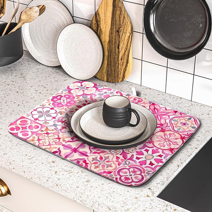 Pink Mexican Tiles Dish Drying Mat Absorbent Microfiber Dish Drying Pad
