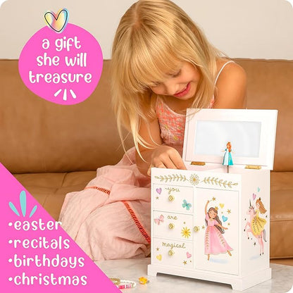Giggle & Honey Princess Musical Jewelry Box for Girls - Kids Music Box with Drawers, Fairytale Gifts for Girls Birthday, Princess Jewelry Boxes for Ages 3-10 - 9 x 5 x 9.3 in, White