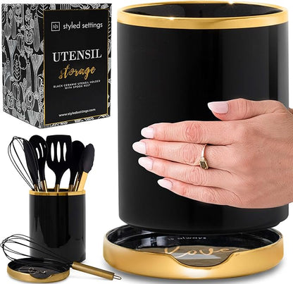 STYLED SETTINGS Black and Gold Utensil Holder