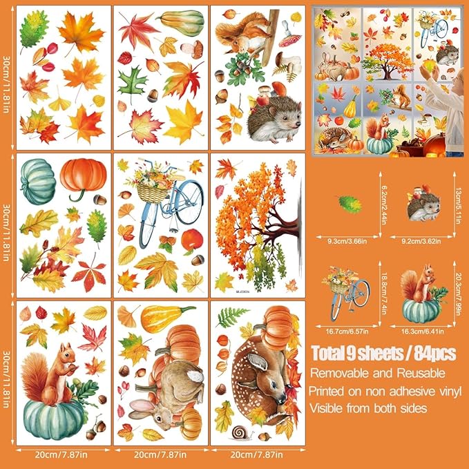 Fall Window Clings 9 Sheets Large-Size Window Clings for Glass Windo Decoration Autumn Leaves Animals Woodland Thanksgiving Decor Home Bedroom Nursery Room Windo Decals
