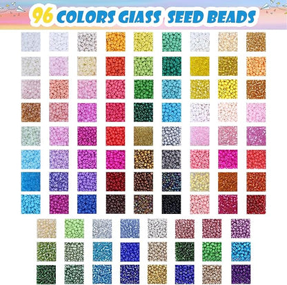 EFIVS ARTS Seed Beads 96 Colors 4MM Small Beads Kit Tiny Bracelet Waist Beads Set with Pendant Charms Letter Beads Kit for Concert Bracelets DIY Making