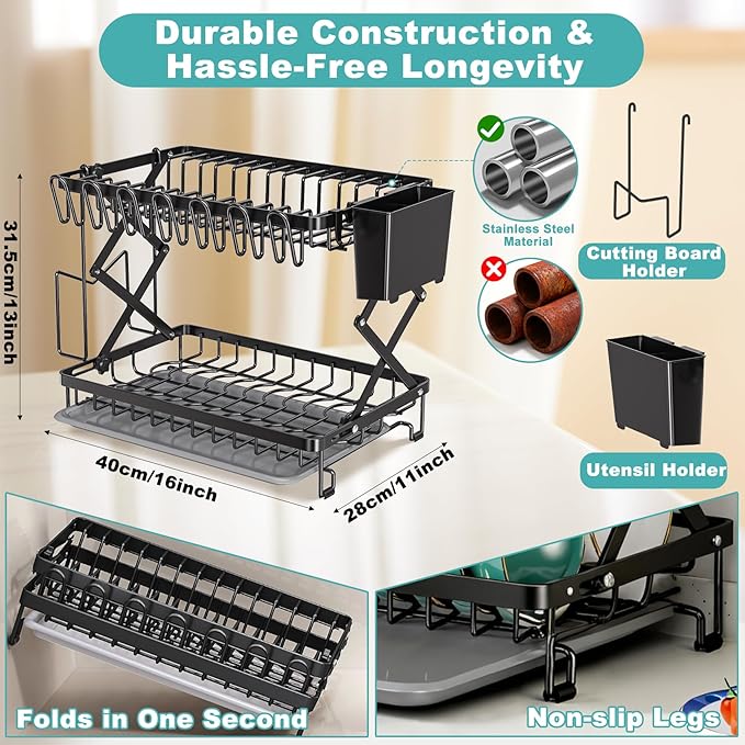 2-Tier Dish Racks for Kitchen Counter, Stainless Steel Kitchen Dish Drying Rack