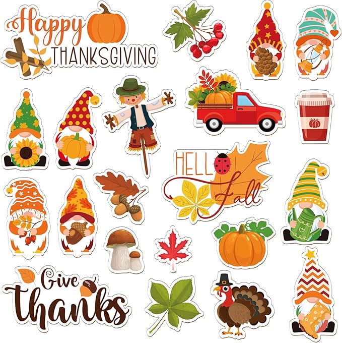 Ferraycle 21 Pcs Thanksgiving Fall Window Gel Clings Autumn Window Gel Clings Turkey Pumpkin Gnome Scarecrow Maple Leaves Decor Stickers Decals for Classroom Harvest Party Decor