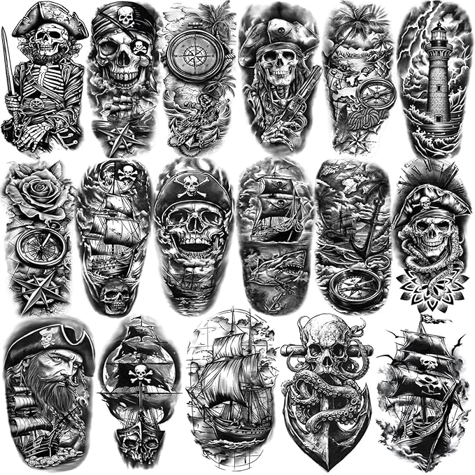 77 Sheets Temporary Tattoo, 17 Sheets Half Arm Pirate Captain Skull Compass Fake Tattoos for Women Men, 60 Sheets Pirate Anchor Sword Flag Realistic Tiny for Adult Kids Body Tattoos Stickers