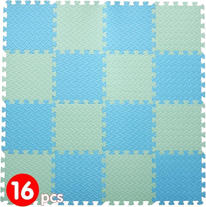 16 Tiles Foam Play Mat for Baby, Soft & Safe EVA Foam Mats for Floor, Square Baby Play Mat, Kids Foam Puzzle Floor Mat, 47x47 Play Mat for Playpen(Bean Green/Light Blue)