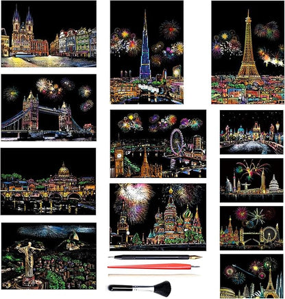 Georgie Porgy Scratch Paper Art A4 Set for Kids Adults Magic Rainbow Scratch Postcards Boards for DIY Arts and Crafts Kits Christmas Birthday Gift with Scratching Tools Kit (Beauty+Fireworks City)