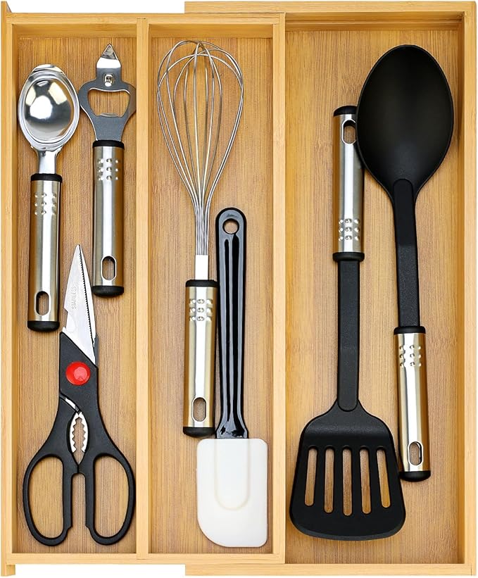 Large Bamboo Silverware Drawer Organizer Tray Kitchen Tool Drawer Divider