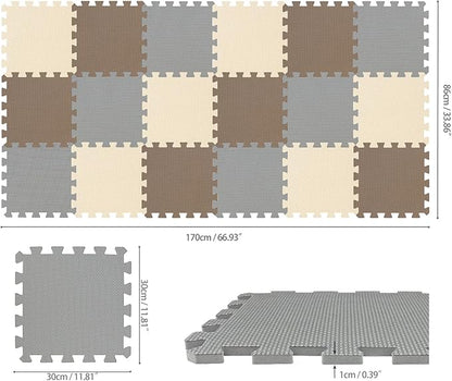 qqpp EVA Rubber 18 Tiles Interlocking Puzzle Foam Floor Mats - Baby Play Mat for Playing | Exercise Mat for Home Workout. Brown, Beige, Gray. QC-FJLb18N