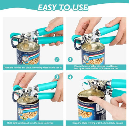 10 Colors Can Opener Manual Handheld Heavy Duty Hand Can Opener Smooth Edge Stainless Steel Can Openers Top Lid Kitchen Gadgets, Best Large Rated Easy Turn Knob, with Bottle Opener, Aqua Sky