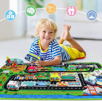 Dr.Rapeti Soft Toy Car Set for Babies Infants Toddlers Kids 1 Oversize Play Mat 10 Soft Toy Cars 47x30inches Washable Non-Toxic