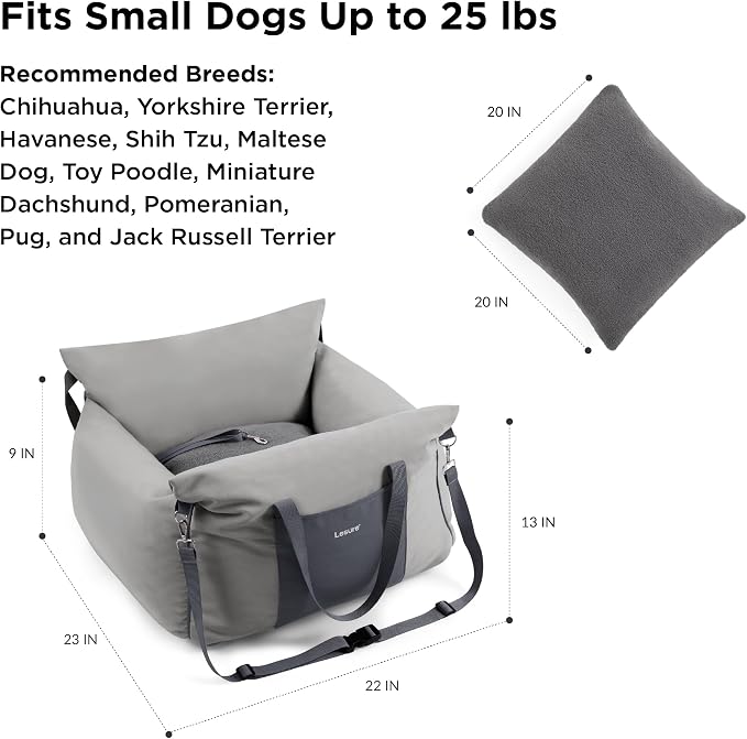 Lesure Small Dog Car Seat for Small Dogs - Soft Dog Booster Seat for Car with Storage Pocket and Clip-On Safety Leash and Thickened Memory Foam Filling, Pet Carseat Travel Carrier Bed, Grey