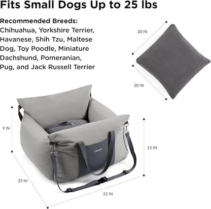 Lesure Small Dog Car Seat for Small Dogs - Soft Dog Booster Seat for Car with Storage Pocket and Clip-On Safety Leash and Thickened Memory Foam Filling, Pet Carseat Travel Carrier Bed, Grey