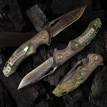 VG10 Damascus Steel Folding Knife, Stable Wood with Leather cover and pocket clip, Outdoor Survival Knife Portable EDC Camping, can be used as a gift