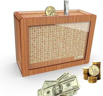 Piggy Bank for Adults Kids, Wooden Coin Bank for Boys and Girls, Cash Vault Money Saving Box with Counter $5000 Savings Challenge Money Box with Money Target and Numbers (Brown $5000)