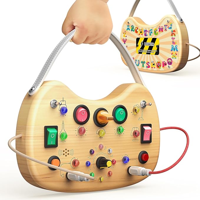 Montessori Toddler Busy Board Sensory Toys for Toddlers Wooden Autism Sensory Toy, Toddler Switch Board with 17 LED Lights for Kids 1-6 Year Olds to Develop Fine Motor Skills.