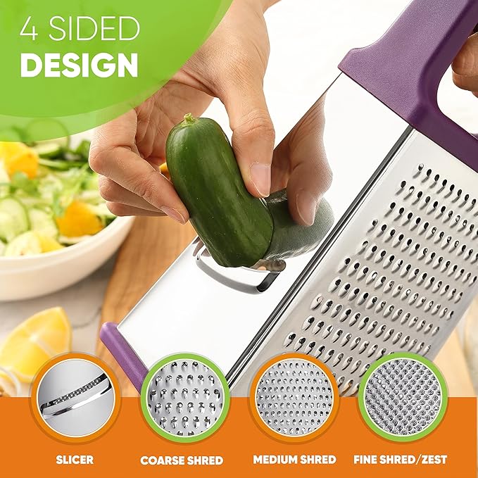 Spring Chef Purple Professional Stainless Steel XL Parmesan Cheese Grater with Handle - Manual Box Grater for Kitchen, 4 Sides, Dishwasher Safe Food Shredder for Vegetable, Potato, Hard Cheese, Carrot