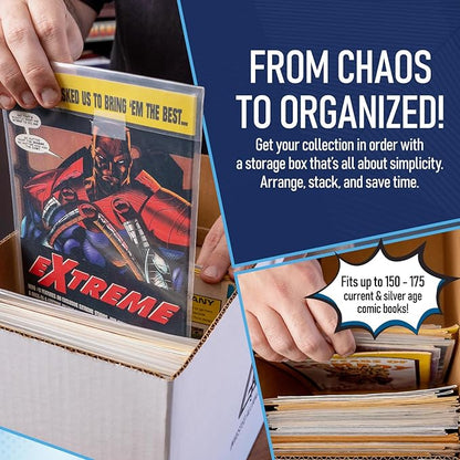 Bundle Set - Premium Short Comic Book Storage Box (3 Pack - White). Thick Cardboard Comic Book Box/Cabinet. Comics Books Bin for 150-175 Collectibles & Black Comics Books Dividers (25 Pack)