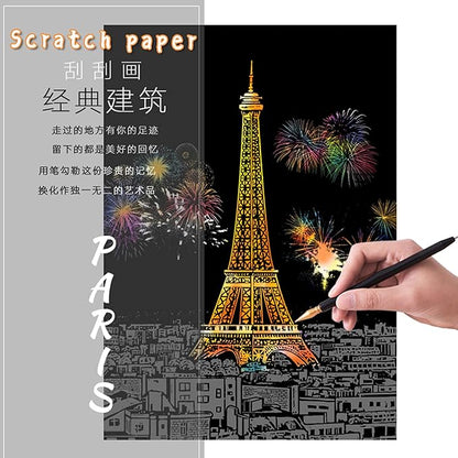 Scratch Rainbow Painting Art Paper Scratch & Sketch Art for Adults Scratch Painting Creative Gift Engraving Art&Craft Set Sketch Pad DIY Scratchboard with 4 Tools 11.7''x8.3''(City Series)