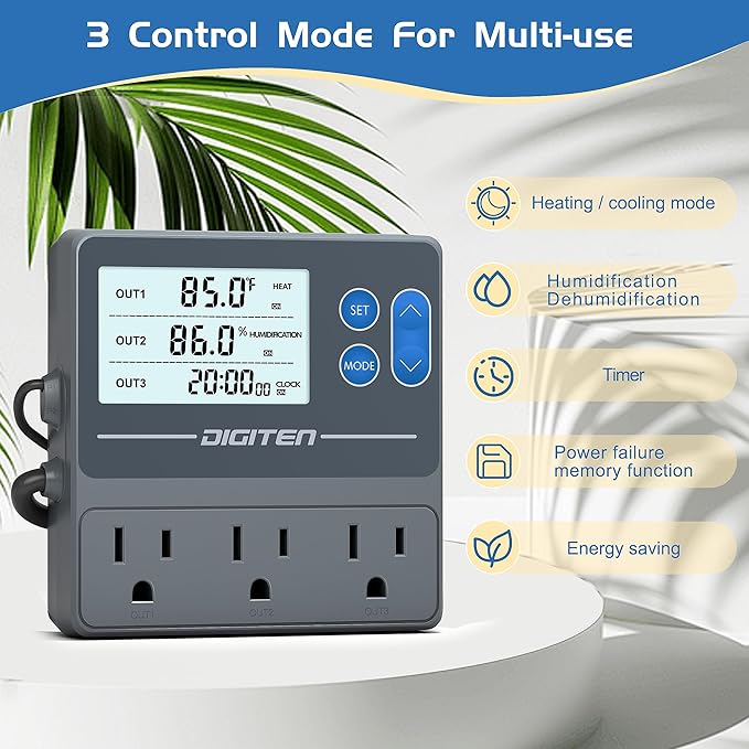 Digital Temperature Humidity Controller Pre-Wired Outlets