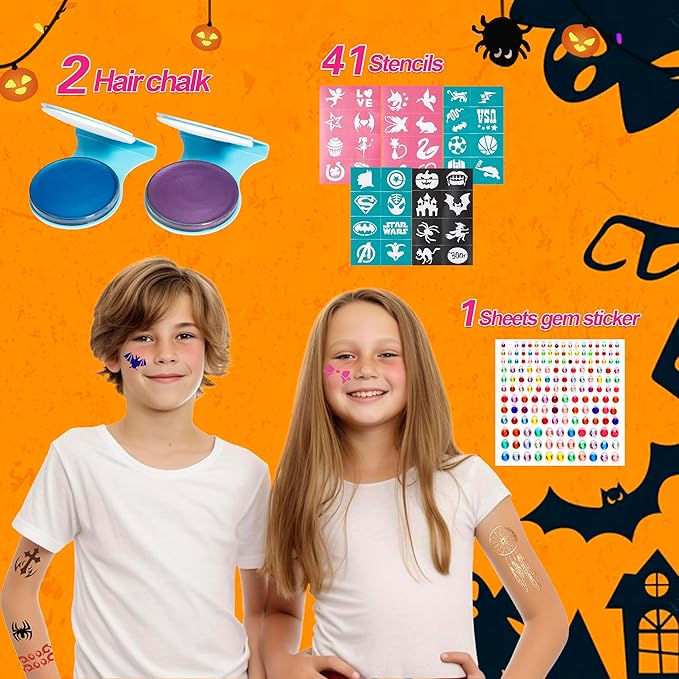 Maydear Face Painting Kit for Kids - 20 Colors Water Based Makeup Palette with Stencils, Glitters, Rainbow Split Cake, Hair Dye Clips, for Parties, Halloween, Safe Professional Body & Face Paint Kit