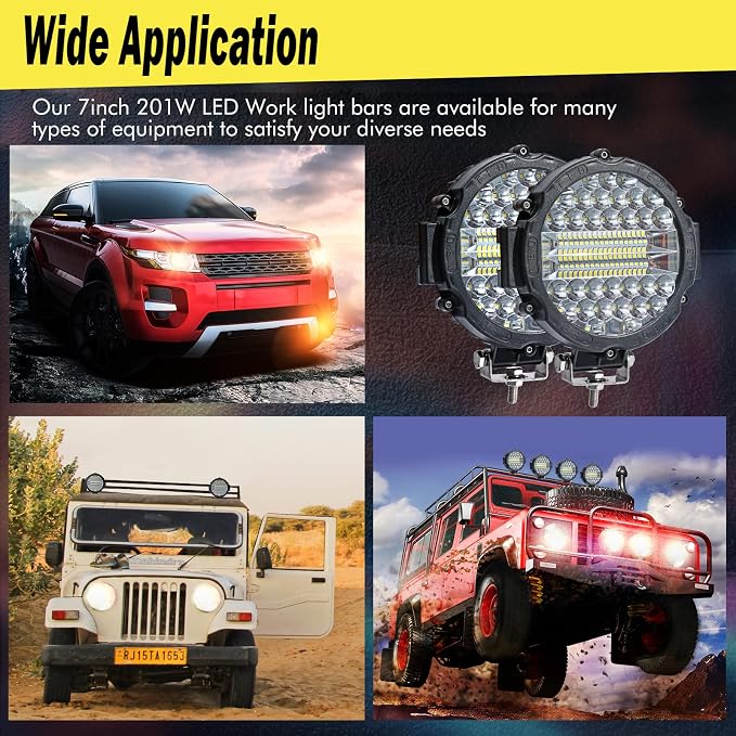 7 Inch Round LED Light Bar Offroad, 201W 15000LM Off Road Driving Work Light Pod, Tractor ATV UTV Cart 4x4 LED Off-Roading Light Pod Fog Trucks Flood Beam Lights (201W 4PC-Black with Wiring)