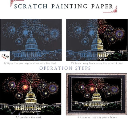 Scratch Art for Adults and Kids-City Landmarks Scratch Painting Craft Kit (8 Sheets A4)|DIY Foil Engraving Art Set|Stress Relief Gift for Travel Lovers, Craft Lovers, Home Decor (Firework&Sakura)