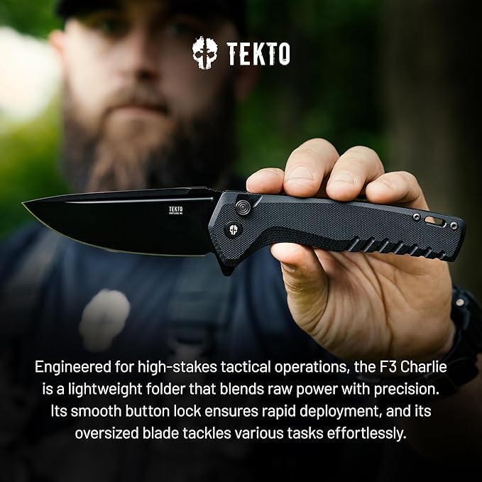 F3 Charlie Button Lock Folding Knife, Oversized Fine Edge Blade, Tactical Black G10 Handle - Easy Open Pocket Knife with Titanium Coated D2 Steel & Black Titanium Barrel Spacers