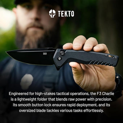 F3 Charlie Button Lock Folding Knife, Oversized Fine Edge Blade, Tactical Black G10 Handle - Easy Open Pocket Knife with Titanium Coated D2 Steel & Black Titanium Barrel Spacers