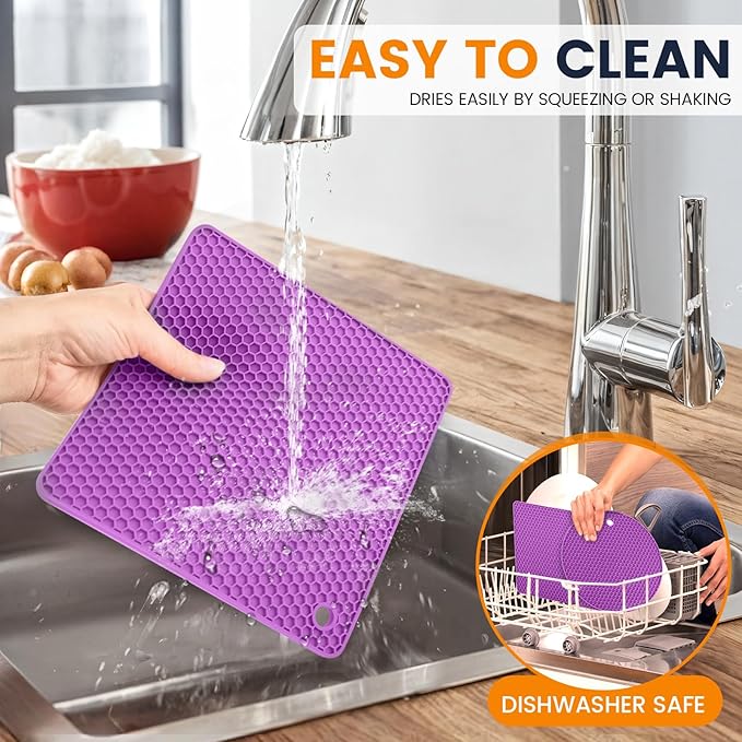 Silicone Trivet Mats 4 Heat Resistant Pot Holders Multipurpose Non-Slip Hot Pads for Kitchen Potholders, Drying mat, Jar Opener, Spoon Holder, Coaster(Violet)