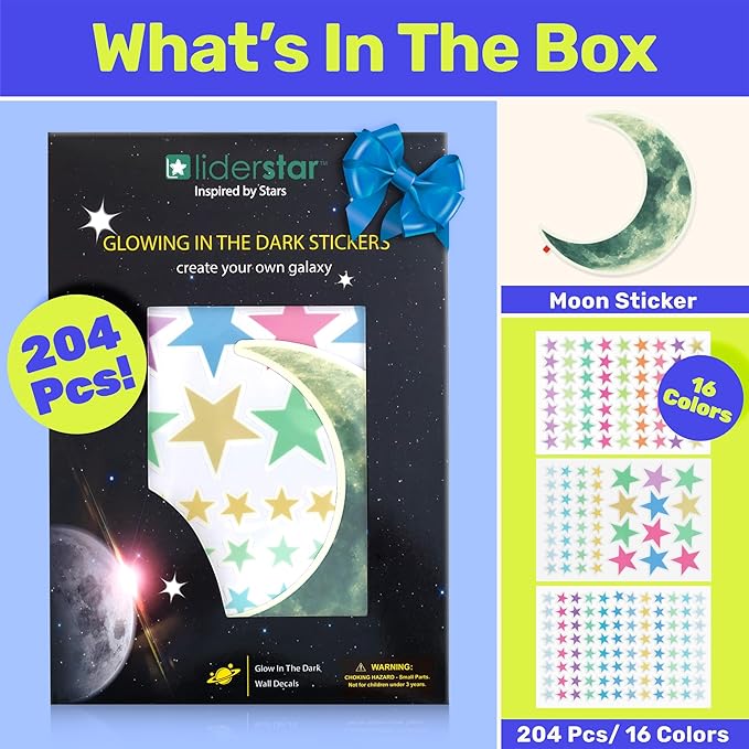 Glow in The Dark Stars and Moon for Ceiling, Luminous Star and Moon Wall Decals, Wall Decor, Sticky Fluorescence Ceiling Stars, Gift for boy and Girl,Kids Nursery Bedroom Living Room(Mixed Colors)