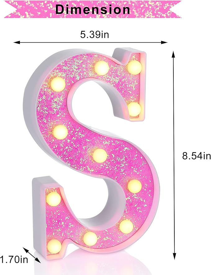 Foaky Pink Light up Letters，Pink Party Decorations,Girls Room Decor,Glitter Light Up Letters,Alphabet Letter Sign for Night Light Birthday Party Girls Gifts, Home Bar Decoration（S）