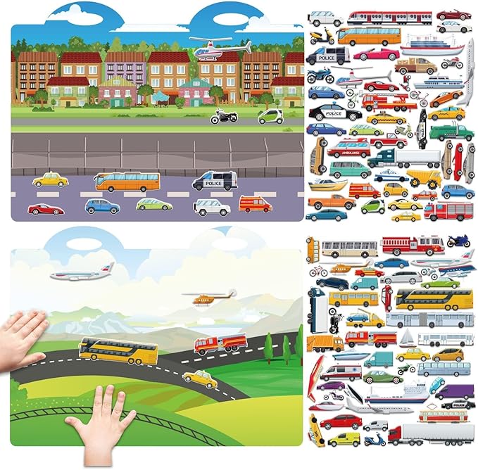 3D Transportation Puffy Sticker Play Set Kids 2-4 Toys Gifts Sticker Book Vehicles Cars Window Clings Decals for Toddlers Airplane Transportation Party Supplies Decorations 100 Reusable Puffy Stickers