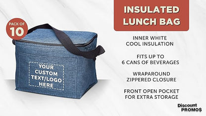 Custom Insulated Cooler Lunch Bag Set of 10, Personalized Bulk Pack - Perfect for Work, Travel, Outdoor Events - Blue