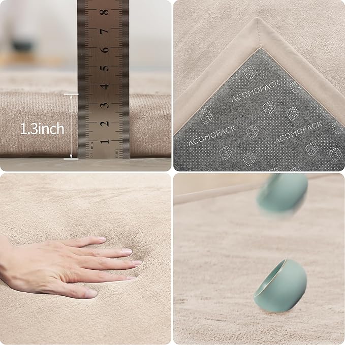 ACOMOPACK Baby Play Mat for Floor 1.3" Thick Memory Foam Play Mat 79"×118" Tummy Time Crawling with Non-Slip Bottom for Living Room,Nursery,Soft Velvet Playpen Mats for Kids,Infants（Beige）