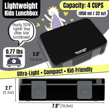 BEARFOOT Kids Lunch Box with Compartments – Compact & Lightweight | Leak-Proof, BPA-Free, Dishwasher & Microwave Safe | Hand-Drawn Design for Preschool, School, Travel (Black, 4 Cups)